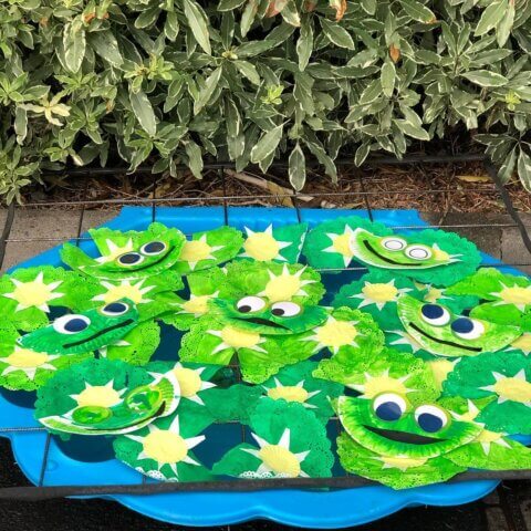 child made green frogs made from paper plates